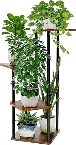 Bamworld Soporte de plantas de 4 niveles, pequeño estante para plantas de interior, soporte de flores de esquina, soporte de madera para plantas