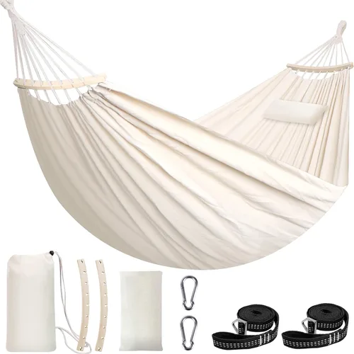 Miniatura 14 de Chihee - Hamaca de algodón grande y transpirable para acampar, con capacidad de hasta 660 libras, portátil, con barra separadora desmontable