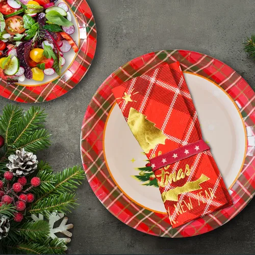 Miniatura 4 de Suministros de fiesta de Navidad Gatherfun, decoración de árbol de Navidad, platos de papel desechables rojos con diseño de cuadros para cena