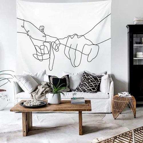 Manicer Tapiz de promesa Pinky en blanco y negro, arte de pared de Jurar amor, línea de arte tomados de la mano, decoración de pared abstracta