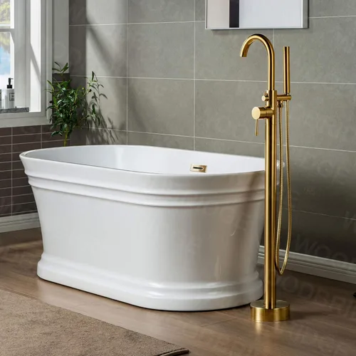 Miniatura 4 de WOODBRIDGE Grifo de llenado de bañera independiente contemporáneo de una sola manija con ducha de mano en acabado dorado cepillado, F0007BGRD