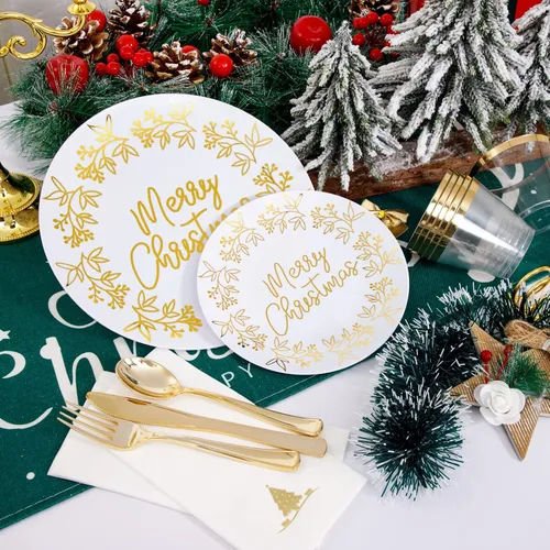 Miniatura 2 de Nervure 175 piezas de platos de plástico de Navidad - Juego de platos desechables blancos y dorados incluye 25 platos de cena, 25 platos de postre