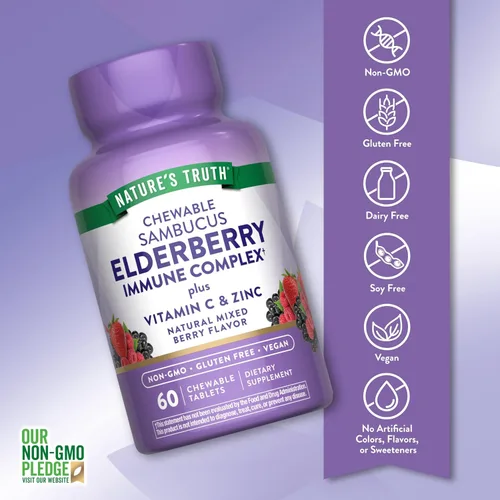 Miniatura 3 de Nature's Truth Complejo inmunológico de saúco 60 tabletas masticables Más vitamina C y zinc Mezcla de bayas Suplemento vegano, sin OMG y sin