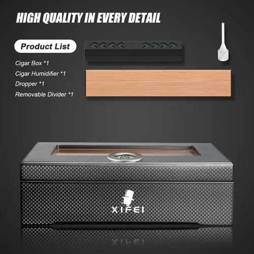 Miniatura 7 de XIFEI Humidor de puros, textura de fibra de carbono superior de vidrio con higrómetro digital, incluyendo humidificador de puros, divisor, caja