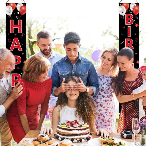 Miniatura 5 de Cartel de cumpleaños rojo y negro para puerta de cumpleaños para hombres y mujeres, letrero de feliz cumpleaños rojo y negro, suministros de fiesta