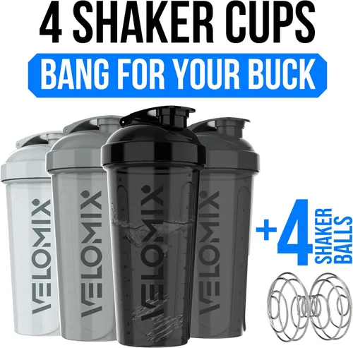 Miniatura 2 de VELOMIX -4 Pack- 28 oz Protein Shaker Bottles for Protein Mixes - 4x Wire Whisk Leak Proof Shaker Cups for Protein Shakes Stackable Protein