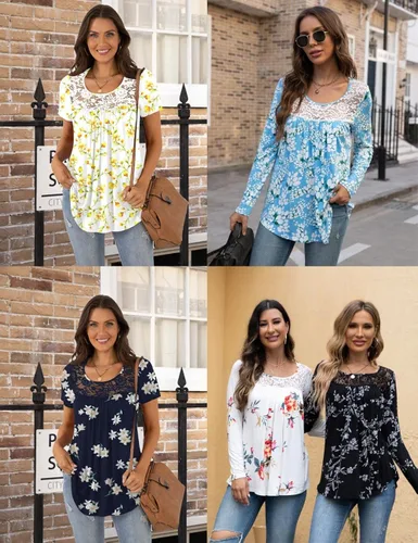 Miniatura 5 de BISHUIGE Blusa de manga corta para mujer, estilo casual, holgada, con panel de encaje, plisada