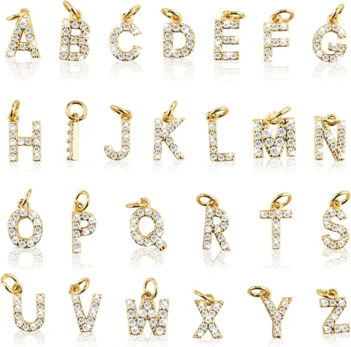 Miniatura 8 de 26 dijes de letras del alfabeto A-Z rellenas de oro de 18 quilates para hacer joyas, dije con inicial del alfabeto A-Z, colgantes con purpurina