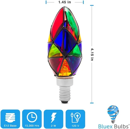 Miniatura 2 de Paquete de 3 Bombillas LED de Vidrio Emplomado E12 LED de 2W (Equivalente a 25W) Base de Candelabro Luz Nocturna Pintada Bombilla de Mosaico