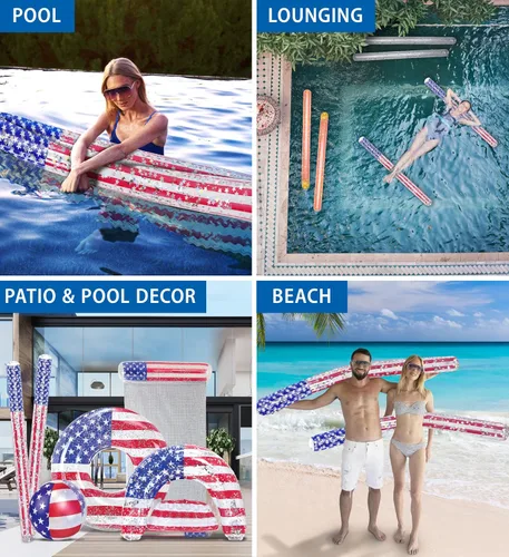Miniatura 3 de POZA Flotador inflable de piscina de Estados Unidos – Lujosa tumbona divertida llena de confeti de estrellas plateadas brillantes, diseño de bandera