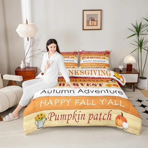 Miniatura 12 de Juego de edredón de cosecha de calabaza de otoño, tamaño individual, juego de ropa de cama de otoño con hojas de arce y girasol, decoración