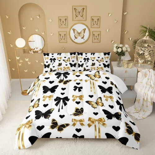 Miniatura 39 de QOOMO Juego de edredón de 3 piezas con diseño de mariposa de dibujos animados, tamaño individual, bonito juego de ropa de cama con lazo