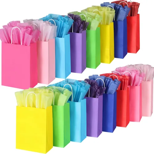 Miniatura 10 de BLEWINDZ 32 Bolsas Pequeñas de Papel para Regalos con Papel de Seda, Bolsas Amarillas para Obsequios de Fiesta con Asas, Bolsa de Golosinas de 8.7