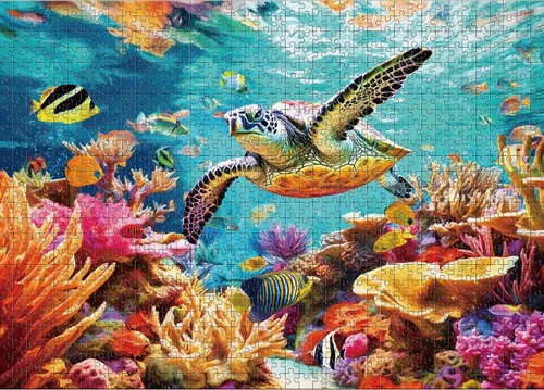 Rompecabezas para adultos de 1000 piezas – Ocean Beach Sea Turtle Coral – Rompecabezas de 1000 piezas con letras en la parte posterior –