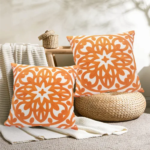 Miniatura 5 de Alysheer Juego de 2 fundas de almohada decorativas bordadas de 18 x 18 pulgadas, patrón clásico de punto de mandala bohemio, 100% lona de algodón