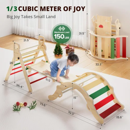 Miniatura 2 de BlueWood Conjunto de Triángulo Pikler, Juguetes de Escalada de Madera para Niños Pequeños para Interiores, Escalador Plegable 7 en 1 para Niños