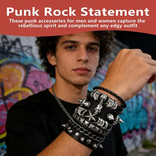 Miniatura 4 de Juego de 4 pulseras góticas para hombres y mujeres, pulseras de cuero con tachuelas punk rock, traje rockero de los años 80 para hombres y mujeres