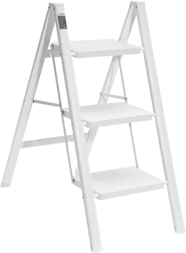 Miniatura 10 de BOCOM Escalera de 3 escalones, taburete plegable ligero y portátil de metal de hierro resistente con pedal ancho antideslizante, capacidad de carga