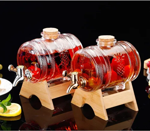 Miniatura 4 de Dispensador de bebidas de barril de vidrio de 1 litro con espita y soporte Dispensador de bebidas frías Dispensador de barril de vino (plata)