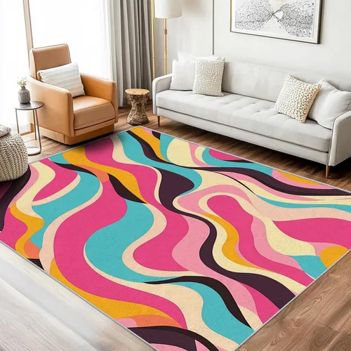 Miniatura 2 de Alfombra abstracta colorida de 2 x 3 pulgadas, lavable con rayas onduladas para entrada, dormitorio, cocina, alfombra retro de los años 70