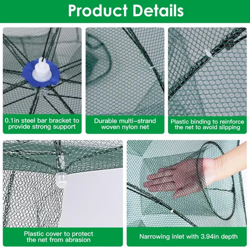 Miniatura 4 de Red plegable para trampa de peces para cangrejos, cangrejos, minnows, camarones - Jaula de cebo de pesca plegable automática con 8 entradas, fácil