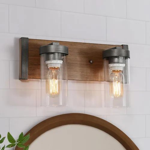 LOG BARN Lámparas rústicas de baño, 2 luces de tocador de granja para baño con pantalla de vidrio texturizado transparente, luces de iluminación de