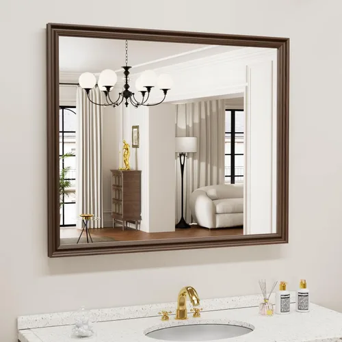 Miniatura 21 de WEER - Espejo de baño dorado, espejo de 40x32 pulgadas con marco de metal dorado cepillado, espejo de tocador de baño de oro para pared