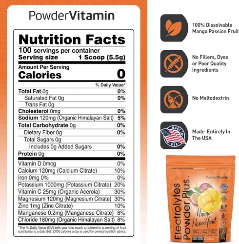 Miniatura 4 de PowderVitamin Electrolytes Powder Plus, polvo de hidratación sin azúcar, 1000 mg de potasio, 120 mg de magnesio, 120 mg de calcio, sal del Himalaya