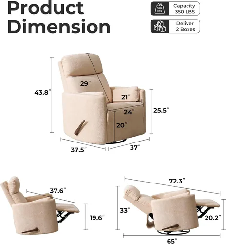 Miniatura 2 de Sillón reclinable giratorio de gran tamaño con masaje y calor, sillón reclinable giratorio para guardería con reposacabezas ajustable, silla Beige