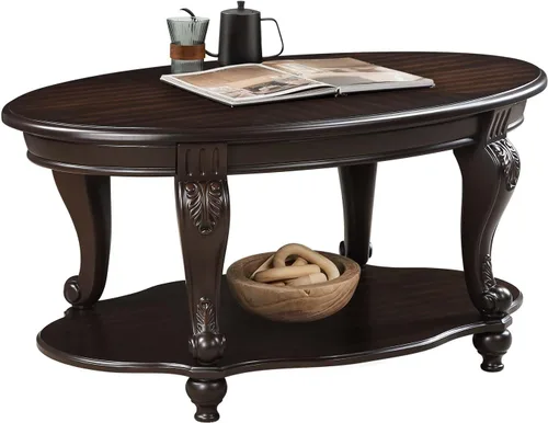 Miniatura 17 de Mesa de café ovalada de madera para sala de estar, mesa de café de dos niveles de madera maciza con estante de almacenamiento abierto, mesa