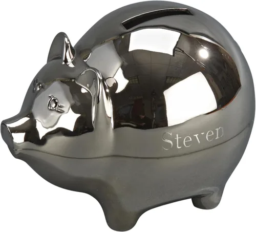 Miniatura 5 de Creative Gifts International Hucha pequeña de peltre de cerdo Alcancía de plata para niños o recién nacidos Acabado de níquel cepillado 3 x