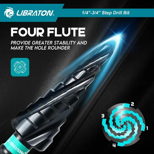 Miniatura 2 de LIBRATON Juego de brocas con paso de flauta en espiral, M35 cobalto Unibit 1/4"-3/4", brocas escalonadas revestidas AlTiN, cuatro flautas