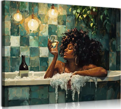 Arte de Pared de Lienzo Divertida Mujer Bebiendo Vino en Bañera Decoración de Pared de Habitación de Chica Funky Póster de Carrito de Bar Vintage de