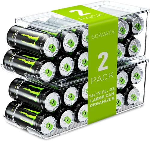 SCAVATA Paquete de 2 organizadores de latas altas y delgadas para refrigerador, latas de refrescos grandes apilables de 16 onzas y 17 onzas,