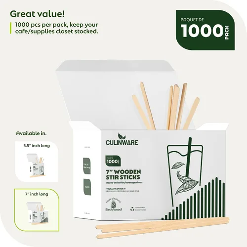 Miniatura 6 de Agitadores de café y bebidas de madera de abedul de 7 pulgadas (paquete de 1000 unidades) ecológicos, ideales para tu rincón de café.
