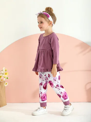 Miniatura 6 de Kulcerry Conjunto de ropa para bebé niña pequeña, color liso, manga larga, volantes, pantalones, diadema