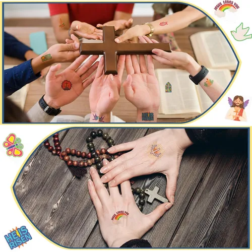 Miniatura 5 de Landhoow 240 tatuajes religiosos cristianos temporales para niños, tatuajes faciales con brillantina, calcomanías para el cuerpo, accesorio