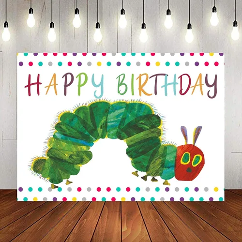 Miniatura 7 de Fondo de fotografía de feliz cumpleaños para fiesta temática de oruga, 7 x 5 pies, dibujos animados de insectos de color arco iris para niños