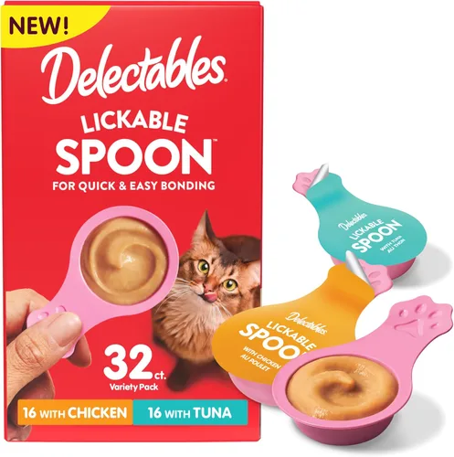 Miniatura 15 de Delectables Golosinas para lamer con cuchara de mano para gatos hechas con pollo y salmón reales, puré cremoso rápido y fácil, sin desorden, sin