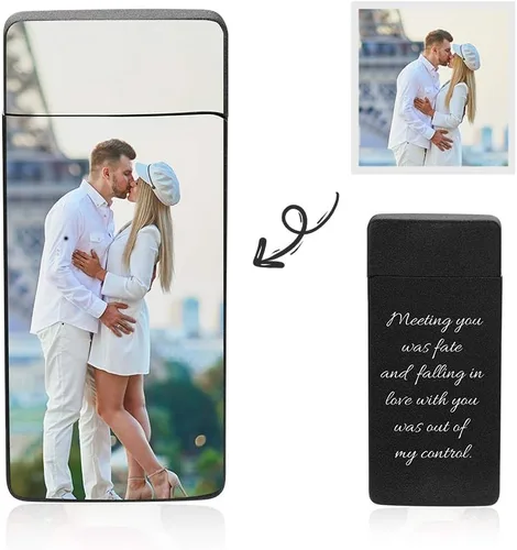 Miniatura 3 de Encendedor de fotos personalizado para hombres, encendedor recargable USB grabado para campamento, Navidad, día del padre, día de San Valentín Negro