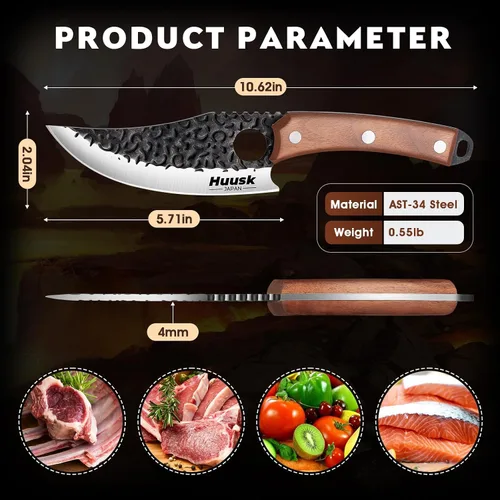 Miniatura 4 de Huusk Cuchillo vikingo con vaina, cuchillo de carnicero forjado a mano para cortar carne, cuchillos de carne de acero de alto carbono, cuchillos