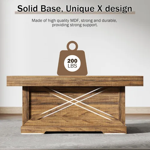 Miniatura 4 de Mesa de café Lareth 39 pulg. Mesa de centro rústica con pedestal de madera en X para sala de estar, ahorro de espacio, mesa de té de diseño