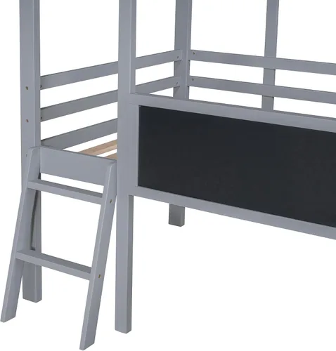 Miniatura 9 de CITYLIGHT Cama loft de madera para niños con tobogán, pizarra, tira de luz y techo, marco de cama de tamaño individual con barandillas de seguridad