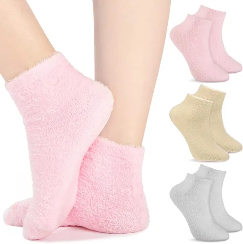 Janmercy 3 pares de calcetines de aloe con gel hidratante para spa, calcetines de dormir esponjosos para pies secos y no resbaladizos con loción