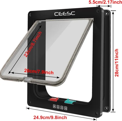 Miniatura 5 de CEESC Puerta para gatos extragrande (tamaño exterior 11 x 9.8 pulgadas), puerta grande para gatos con bloqueo de 4 vías para puertas interiores