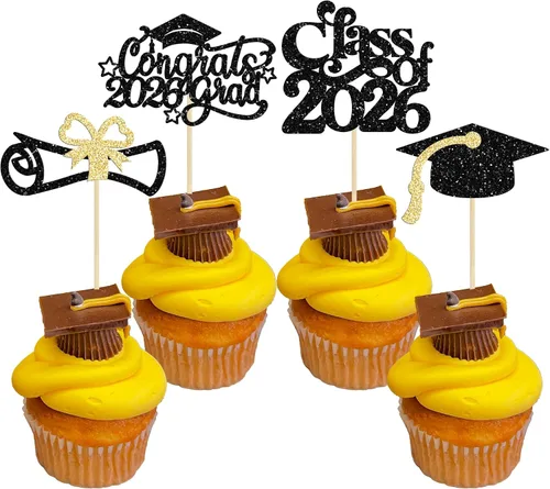 Miniatura 43 de Gyufise 24 piezas de decoración para cupcakes con purpurina para graduación 2026, decoración de pasteles para graduación 2026, decoración de Negro