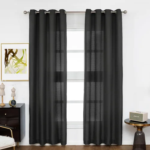 Melodieux Cortinas Semitransparentes Negras de 63 Pulgadas de Largo para Ventanas Pequeñas de Sala de Estar y Dormitorio con Aspecto de Lino Rústico