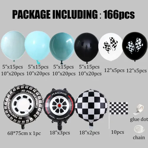 Miniatura 2 de Kit de Arco de Guirnalda de Globos de Auto de Carreras 166PCS Azul Polvoriento Negro Globos de Látex Rueda Globos de Papel Aluminio a Cuadros