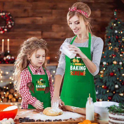 Miniatura 5 de Suhine Paquete de 4 Delantales de Navidad para Adultos Verde Delantales de Cocina de Navidad para Cocinar Hornear Galletas Equipo Delantales a Juego
