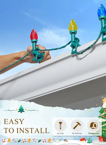 Miniatura 8 de Brightown Luces LED de Navidad C9 para Exteriores, 99 Pies 150 Luces LED C9 en Cadena con 150 Clips de Resorte, Luces de Árbol de Navidad Varios